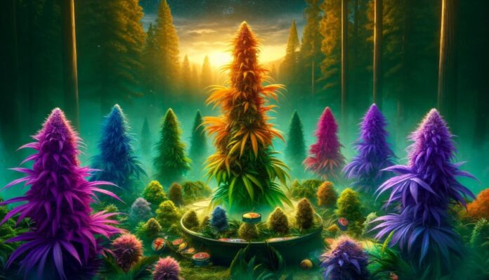 Pięć odmian marihuany rosnących na zewnątrz w bujnym, naturalnym otoczeniu, reprezentujące topowe odmiany o wysokiej zawartości THC.