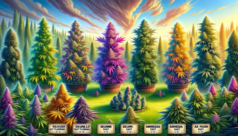 Pięć różnych odmian marihuany rosnących na zewnątrz w urokliwym ogrodzie, ukazujących różnorodność kolorów i kształtów typowych dla odmian OG Kush Fast Flowering, Skunk 2.0 Fast Flowering, Outdoor Shaman, Amnesia Fast i AK Fast