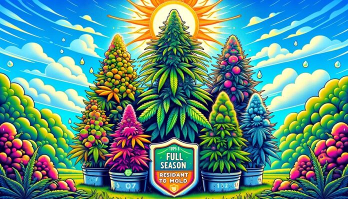 Ilustracja przedstawiająca top 5 odmian marihuany na outdoor, odporne na pleśń, z różnorodnymi, stylizowanymi roślinami marihuany w tle słonecznego, bujnego ogrodu, symbolizująca różnorodność i wytrzymałość