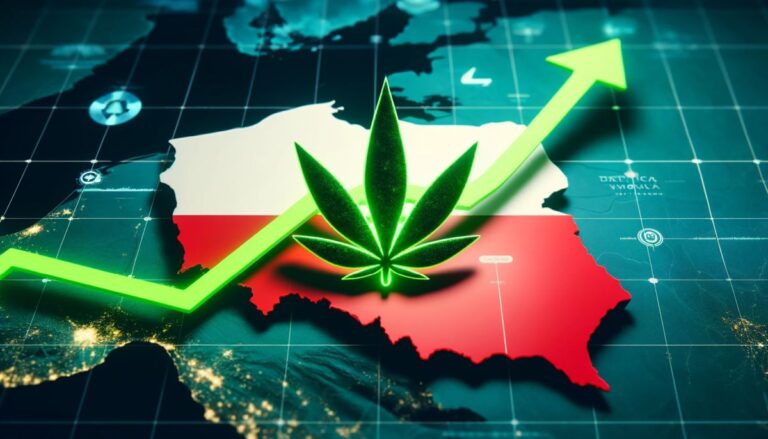 Mapa Polski z wykresem w trendzie wzrostowym i liściem marihuany, symbolizująca wzrost używania marihuany wśród młodzieży w Polsce