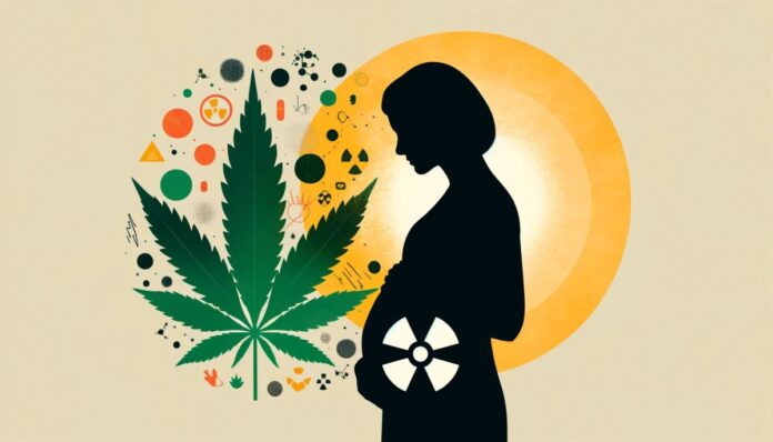 Abstrakcyjne przedstawienie sylwetki kobiety w ciąży, liścia marihuany i symboli sugerujących ADHD, autyzm i niepełnosprawność intelektualną, podkreślające ryzyko związane z używaniem marihuany w ciąży