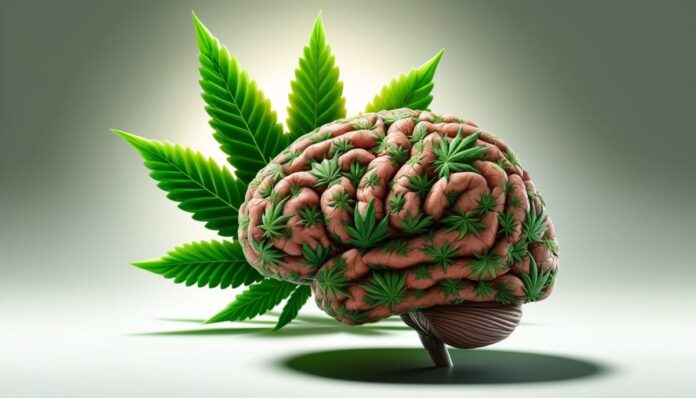Artystyczna ilustracja mózgu zbudowanego z liści konopi z dużym liściem konopi w tle, symbolizująca wpływ konopi na rozwój mózgu u młodzieży.
