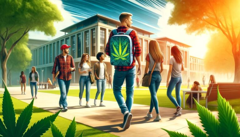 Grupa zróżnicowanych studentów spacerująca po kampusie uniwersyteckim, z plecakiem z motywem liścia marihuany, symbolizującym legalizację marihuany rekreacyjnej