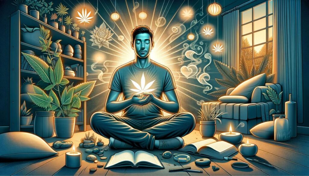 Ilustracja cyfrowa przedstawiająca spokojną i oświeconą osobę w przytulnym wnętrzu, symbolizująca pozytywne efekty używania marihuany jak inspiracja i redukcja stresu, z subtelnymi motywami liści konopi w dekoracjach.
