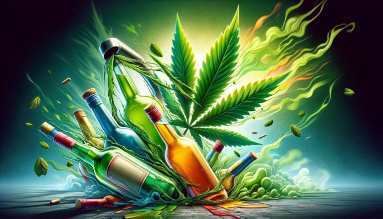 Dynamiczny obraz przedstawiający liść marihuany odsuwający butelki alkoholu, co symbolizuje zmniejszenie konsumpcji alkoholu dzięki używaniu marihuany.