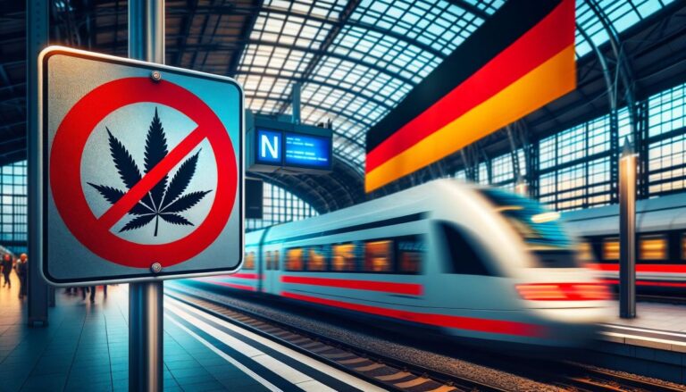 Nowoczesna stacja kolejowa w Niemczech z widocznym dużym znakiem zakazu palenia marihuany i flagą niemiecką, symbolizującym nowe regulacje prawne.