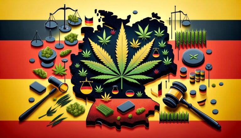Mapa Niemiec z nałożonymi liśćmi konopi i symbolami prawa oraz rolnictwa w barwach flagi Niemiec, ilustrująca zmiany w przepisach dotyczących uprawy i importu marihuany medycznej