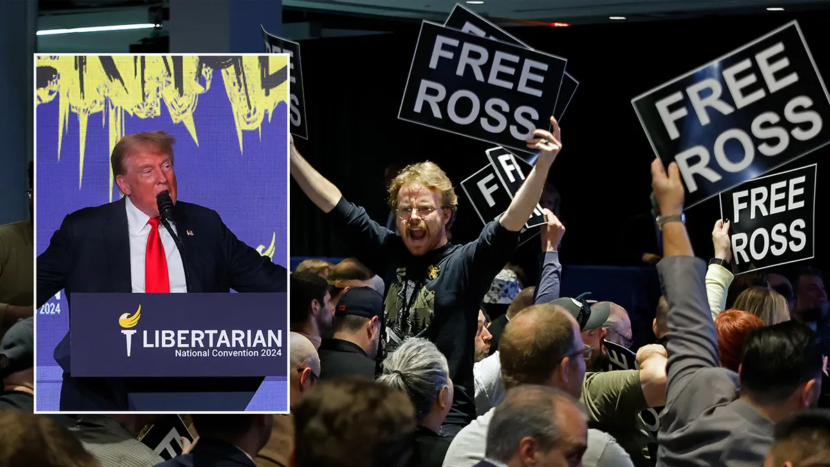 Obraz przedstawia Donalda Trumpa podczas przemówienia oraz osoby z banerami "Free Ross", które wskazują na chęć uniewinnienia założyciela Silk Road