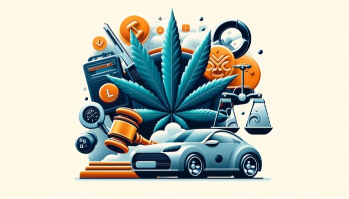 Kluczyk samochodowy spleciony z liściem marihuany na tle symboli prawnych, reprezentujący konsekwencje prawne jazdy pod wpływem marihuany w Polsce.