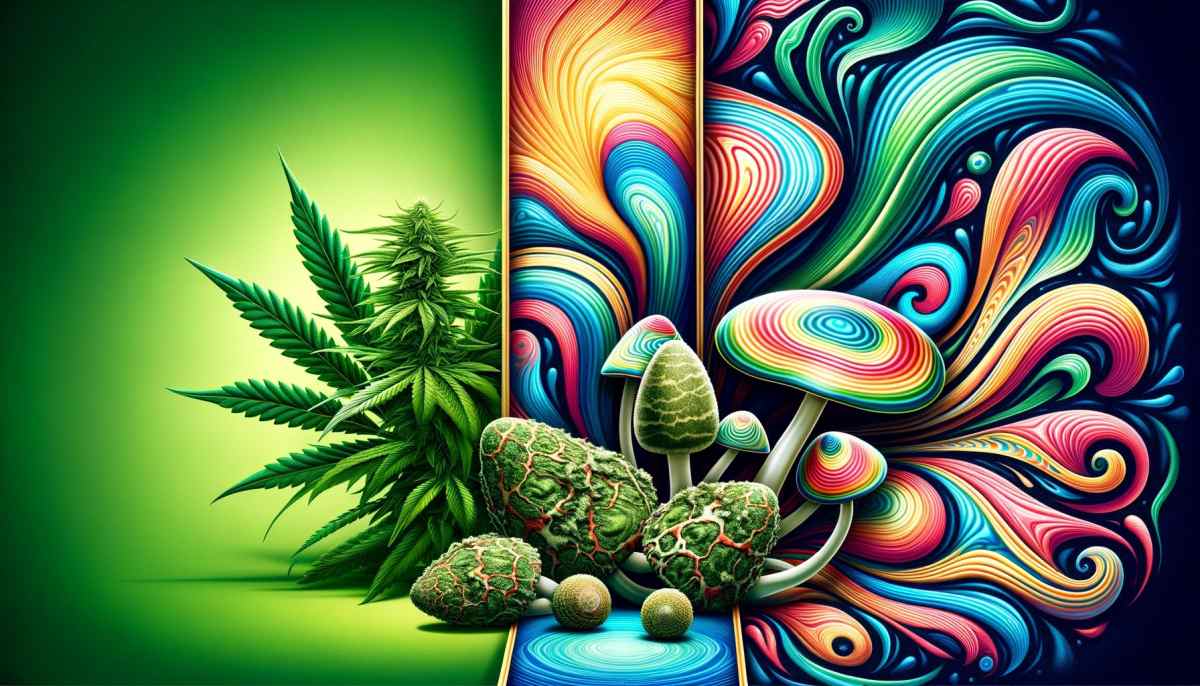 Kontrastowy baner z lewej strony pokazujący rośliny marihuany na zielonym tle, a z prawej strony grzyby psychodeliczne na tle abstrakcyjnych, kolorowych wzorów psychodelicznych, symbolizujących ich efekty