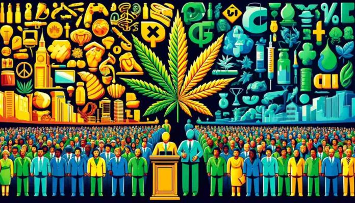 Obraz przedstawiający z jednej strony różnorodną grupę ludzi reprezentujących społeczeństwo, a z drugiej strony symbole dużych korporacji tytoniowych, alkoholowych i farmaceutycznych na tle liści marihuany, wizualizujący kontrast między zaufaniem społecznym a wpływem wielkich firm na politykę konopną.