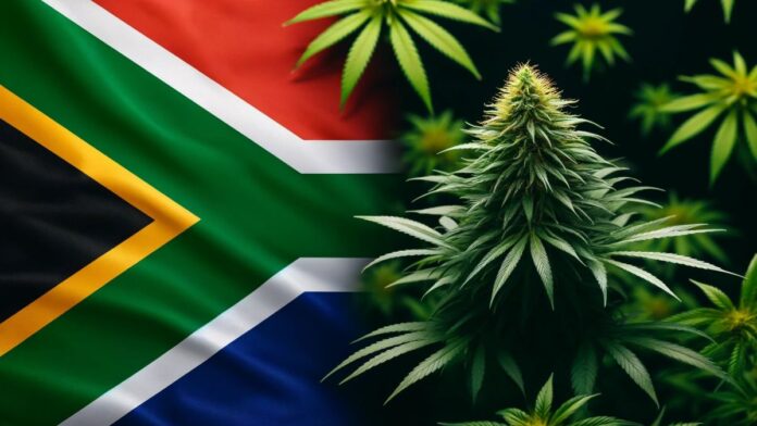 Flaga Republiki Południowej Afryki po lewej stronie i roślina konopi indyjskich po prawej stronie.