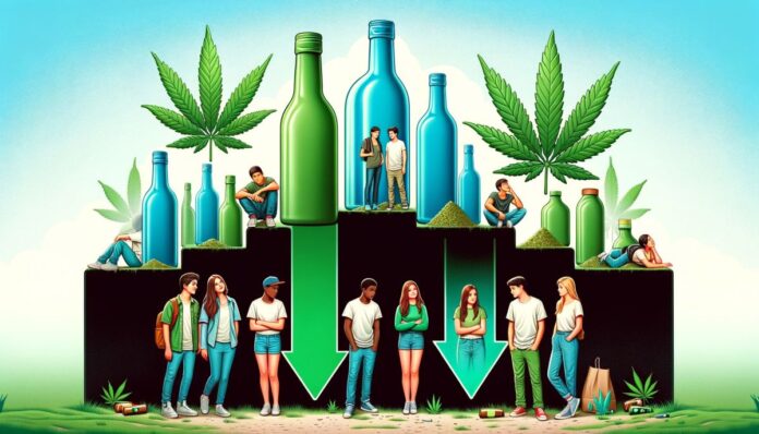 Grafika przedstawiająca spadek spożycia alkoholu i brak wzrostu nadużywania substancji psychoaktywnych przez młodzież po legalizacji marihuany, ilustrowana poprzez obniżające się butelki alkoholu i zdrowo wyglądającą grupę młodzieży