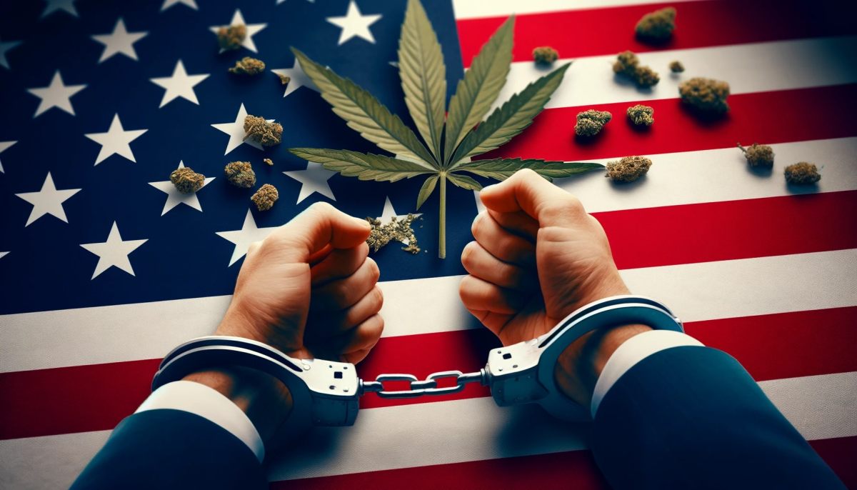 Ręce w kajdankach rozrywające łańcuch na tle flagi Stanów Zjednoczonych. W tle widoczne są również liście marihuany i kilka pąków marihuany. Obraz symbolizuje wolność i wymazanie wyroków za posiadanie marihuany w Minnesocie.