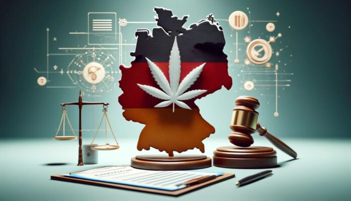 Mapa Niemiec z symbolami takimi jak młotek sędziowski, liść marihuany i dokumenty administracyjne, reprezentująca innowacyjne podejście Niemiec do legalizacji marihuany poprzez program pilotażowy