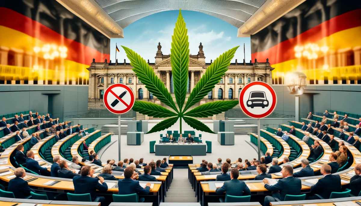 Niemiecki parlament z nałożonym liściem marihuany, parlamentarzyści podczas sesji dyskusyjnej, w tle symbole uprawy konopi i przepisów drogowych.