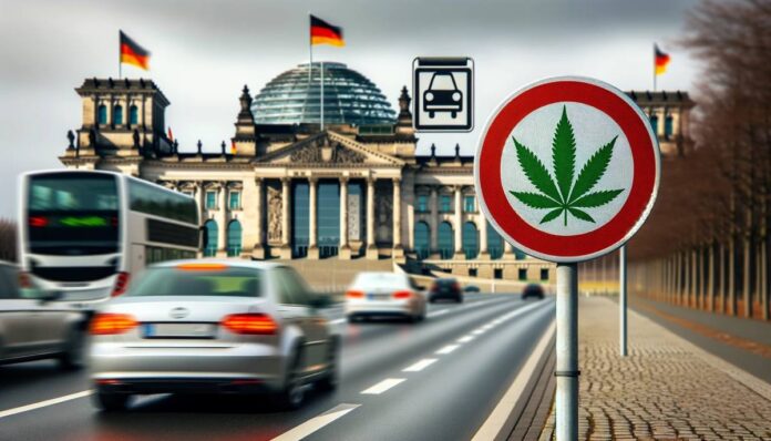 Droga w Niemczech z znakiem drogowym zawierającym symbol liścia konopi oraz samochód, w tle rozmyty budynek Bundestagu, symbolizujący nowe przepisy dotyczące limitów THC dla kierowców