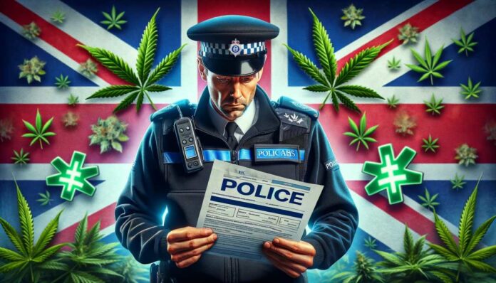 Zaniepokojony brytyjski policjant trzymający receptę na marihuanę medyczną, w tle flaga Wielkiej Brytanii i symbole marihuany medycznej (zielone liście marihuany i medyczne krzyże), podkreślający temat świadomości i edukacji na temat marihuany medycznej wśród policjantów.