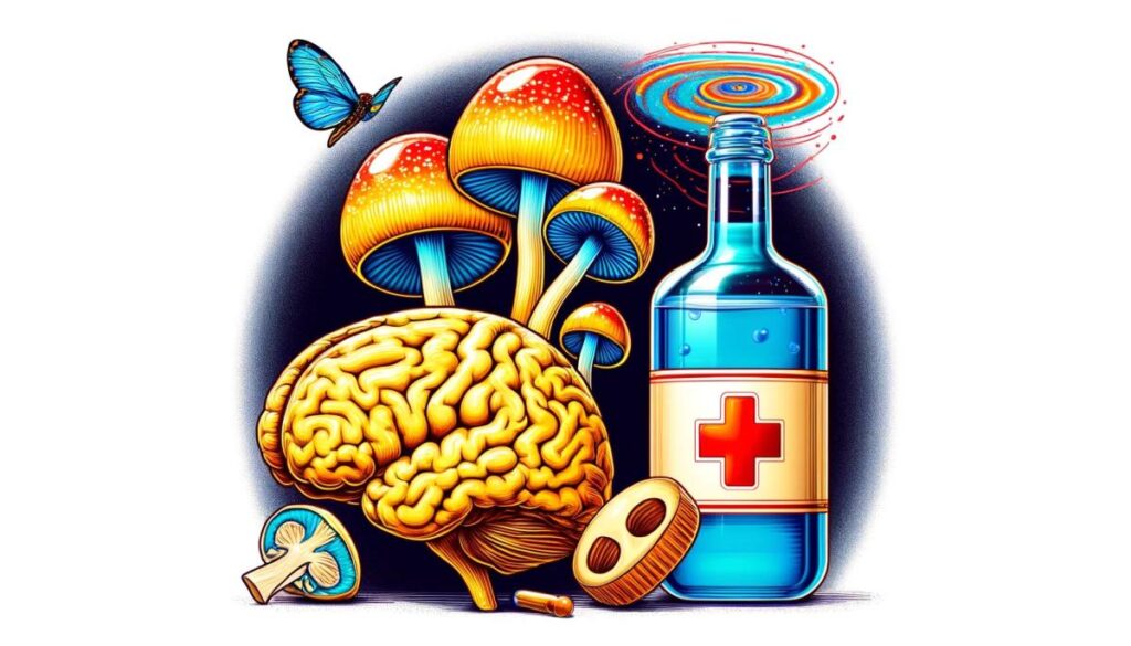 Ilustracja naukowa sugerująca skuteczność grzybów psylocybinowych w leczeniu alkoholizmu, z wyeksponowanymi grzybami psylocybinowymi, mózgiem z zaznaczonym lewym jądrem półleżącym oraz butelką alkoholu z czerwonym krzyżem.