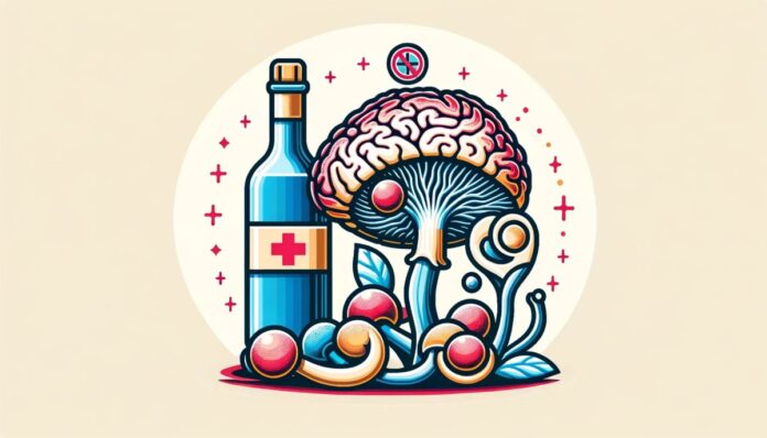 Ilustracja sugerująca skuteczność grzybów psylocybinowych w leczeniu alkoholizmu, z widocznymi grzybami psylocybinowymi, subtelnym diagramem ludzkiego mózgu podkreślającym lewe jądro półleżące, oraz butelką alkoholu z czerwonym krzyżem.