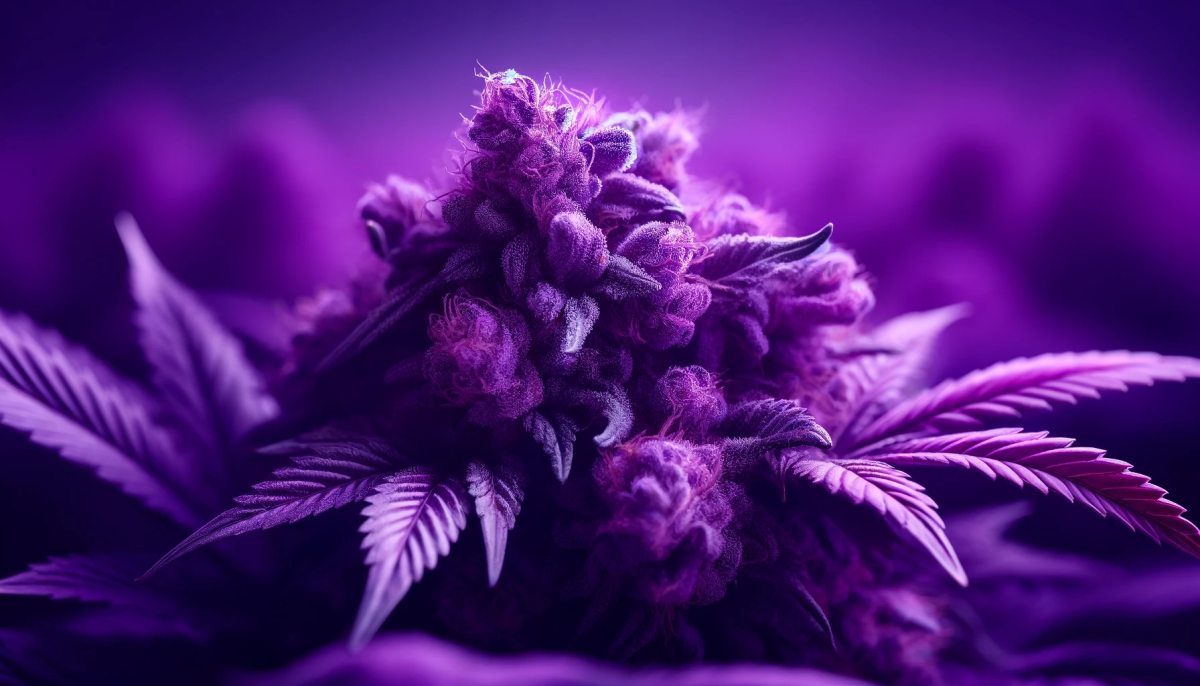 szczegółowy obraz fioletowej odmiany konopi indyjskich, ukazujący bogate fioletowe odcienie i gęste włoski na liściach i pąkach, zestawiony z delikatnie rozmytym tłem, aby podkreślić naturalne piękno rośliny.