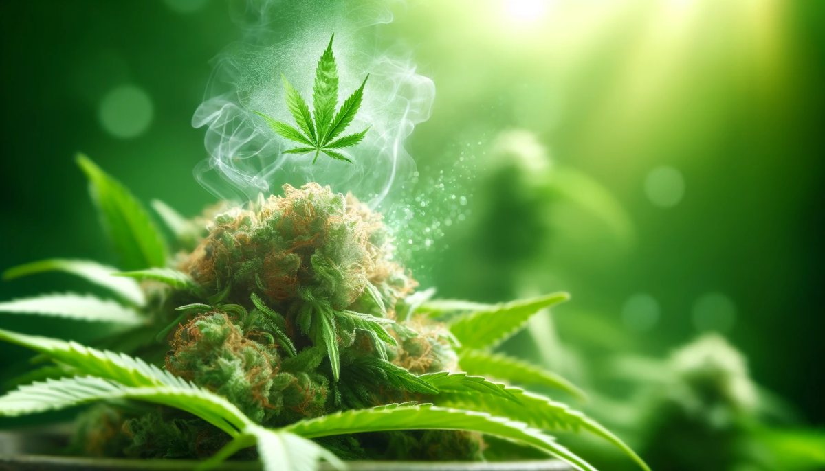 Pąki marihuany emitujące aromatyczny terpinolen, z widocznymi trychomami na zielonych kwiatach, idealne do artykułu o terpenach w konopiach