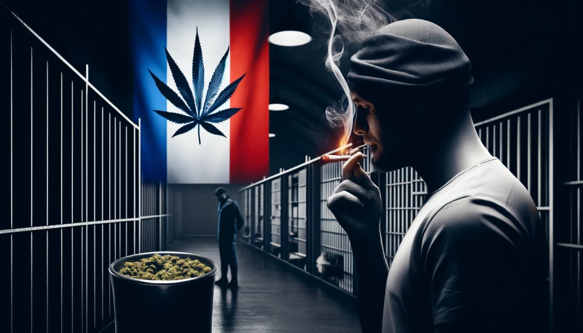 Więzień w francuskiej celi palący jointa z marihuaną, w tle flaga Francji i symbol liścia marihuany