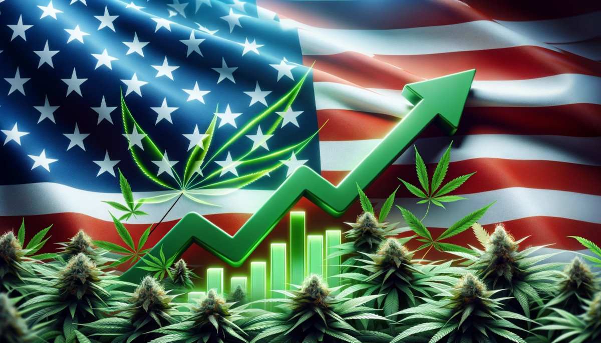Flaga USA z zielonym wykresem wzrostu dochodów z konopi indyjskich, symbolizująca wzrost gospodarczy dzięki legalizacji marihuany w 2023 roku