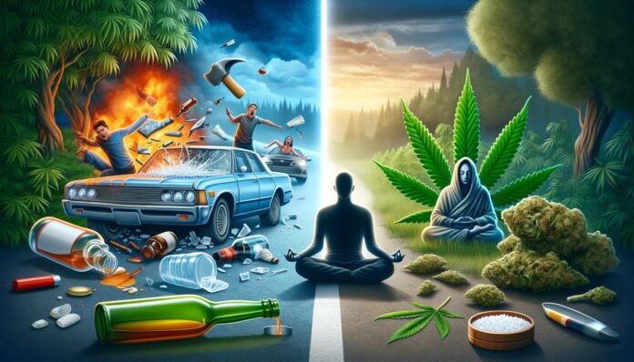 Obraz przedstawia kontrast pomiędzy szkodliwymi skutkami alkoholu a marihuaną. Po lewej stronie znajduje się scena z agresją i chaosem związanym z alkoholem: złamana butelka, wypadek samochodowy i osoba głośno się kłócąca. Po prawej stronie widoczna jest spokojna, harmonijna scena z marihuaną: spokojna osoba medytująca, zielone rośliny konopi i spokojne otoczenie. Tło jest podzielone wyraźnym, grubym paskiem, podkreślającym różnicę między dwoma scenami.