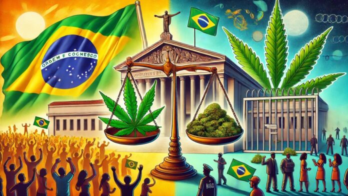 Ilustracja przedstawiająca decyzję Sądu Najwyższego Brazylii o dekryminalizacji posiadania marihuany. Obraz pokazuje budynek Sądu Najwyższego z flagą Brazylii, wagę sprawiedliwości z liściem marihuany i kratami więziennymi oraz tło przedstawiające ludzi świętujących wolność i opróżniające się przeludnione więzienie.