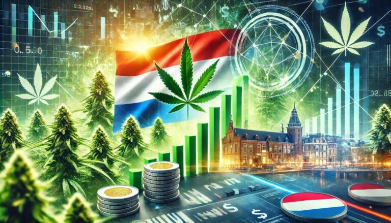 Dynamiczny obraz wyróżniający przedstawiający wpływ ekonomiczny przemysłu konopi w Holandii, z elementami takimi jak rośliny konopi, flaga Holandii, wykres pokazujący dane finansowe oraz panorama Amsterdamu.