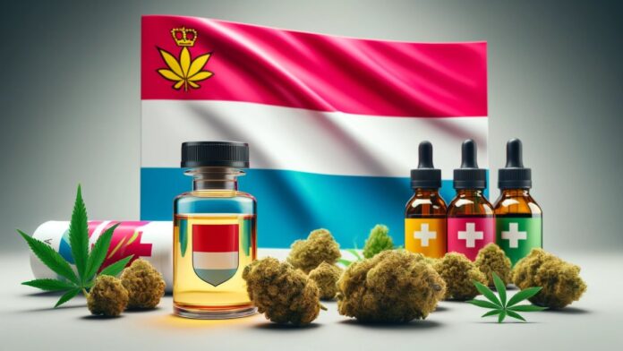 Flaga Luksemburga obok medycznej marihuany, w tym pąków i olejków, na neutralnym tle