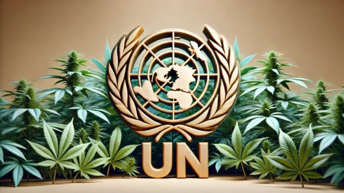Obraz przedstawiający logo ONZ na środku, z roślinami konopi po lewej i prawej stronie. Tło jest neutralne, aby wyróżnić elementy na pierwszym planie. Kompozycja jest czysta i profesjonalna, zrównoważona wizualnie.