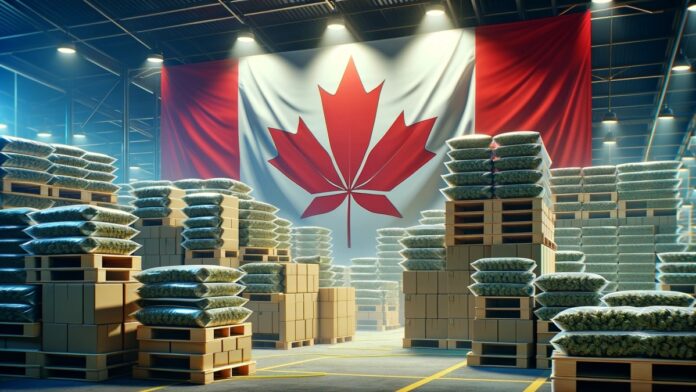 Ilustracja przedstawiająca flagę Kanady w tle oraz duże stosy niesprzedanych konopi indyjskich w pierwszym planie, ustawione w magazynie lub hali składowej, co podkreśla problem nadprodukcji w Kanadzie