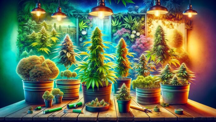 Różnorodne rośliny marihuany w różnych etapach wzrostu, pokazujące małe, szybkie i dyskretne automatyczne nasiona marihuany w środowiskach uprawy wewnętrznej i zewnętrznej.