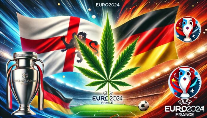 Flagi Anglii i Niemiec wyeksponowane na dynamicznym tle, z centralnym motywem liścia marihuany. W tle subtelne elementy piłkarskie i stadionowe, oddające atmosferę Euro 2024, symbolizujące przesłanie artykułu o zachęcaniu kibiców do palenia marihuany zamiast picia alkoholu.
