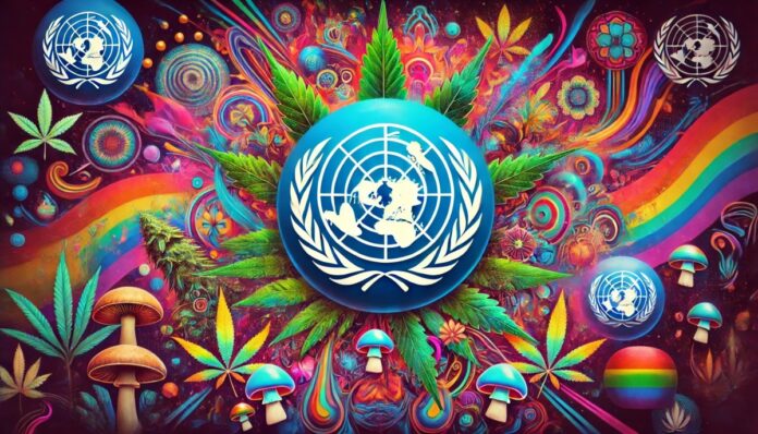 Logo ONZ otoczone motywami marihuany i psychodelików, takimi jak liście konopi i kolorowe, abstrakcyjne wzory oraz grzyby psychodeliczne, na tle żywych kolorów symbolizujących renesans psychodelików.