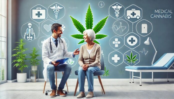 Starszy pacjent rozmawiający z lekarzem o medycznej marihuanie w nowoczesnym środowisku medycznym, z elementami liści konopi i ikonami medycznymi w tle, ilustrujący terapeutyczne korzyści z marihuany. Pacjent wygląda zdrowo i szczęśliwie, co odzwierciedla poprawę zdrowia i samopoczucia.