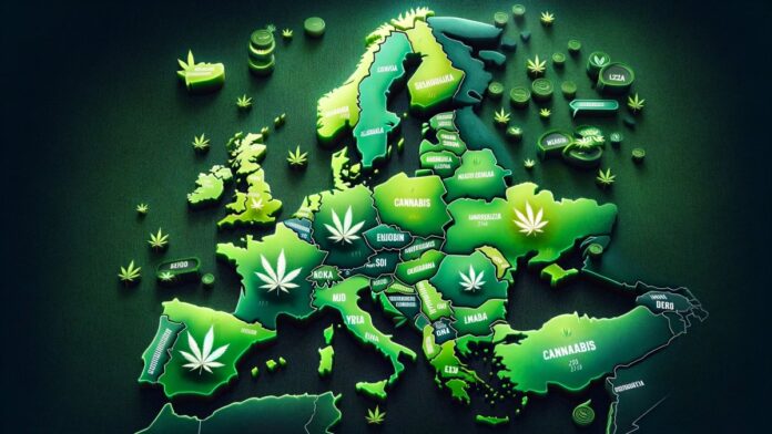 Mapa Europy podkreślająca kraje o wysokim używaniu marihuany w 2024 roku, z zieloną kolorystyką i liśćmi marihuany wkomponowanymi w projekt oraz zaznaczone główne kraje o najwyższym poziomie konsumpcji.