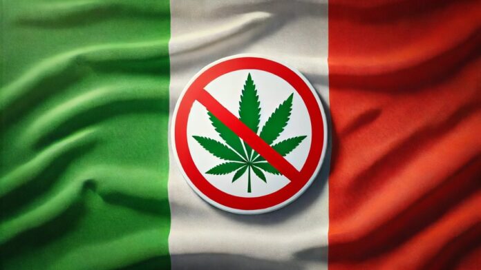 Flaga Włoch z symbolem zakazu konopi, symbolizująca rządowy zakaz uprawy, produkcji i sprzedaży konopi.