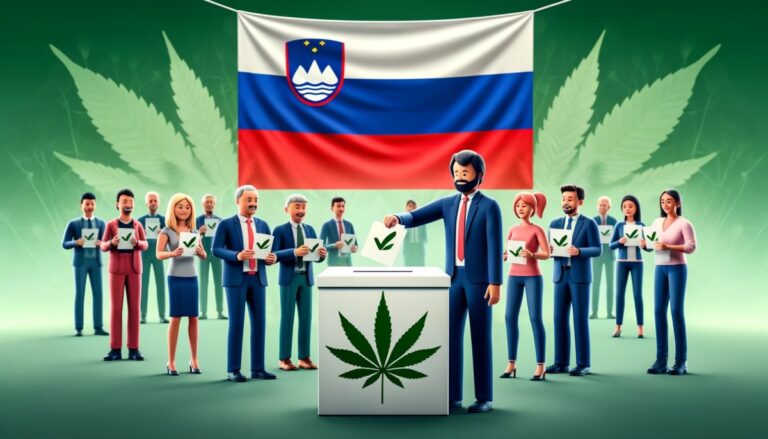 Wyborcy w Słowenii oddający głosy na tematy związane z marihuaną, z liśćmi konopi i flagami Słowenii w tle.