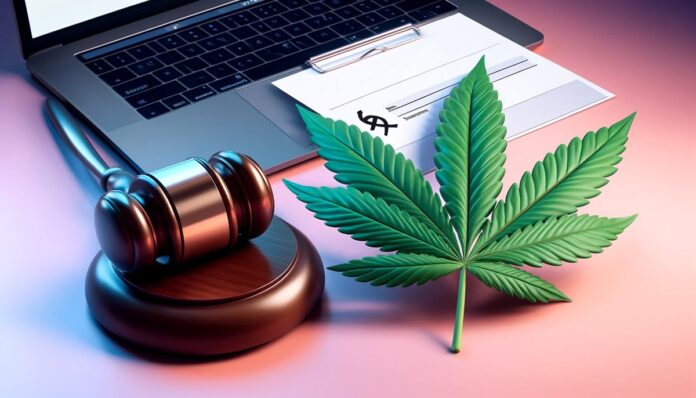 Sędziowski młotek, ekran komputera z formularzem recepty oraz liść medycznej marihuany, symbolizujące ograniczenia prawne w wystawianiu recept na medyczną marihuanę przez platformy online