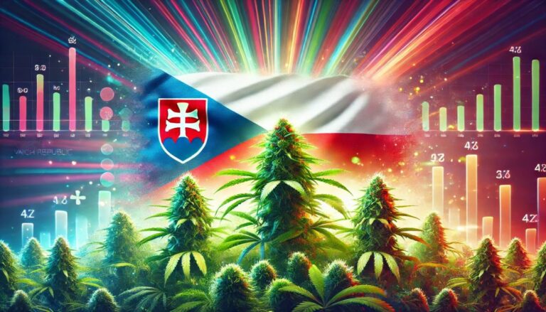 Flaga Czech na tle roślin marihuany i konopi indyjskich, symbolizująca plany legalizacji konopi w Republice Czeskiej.