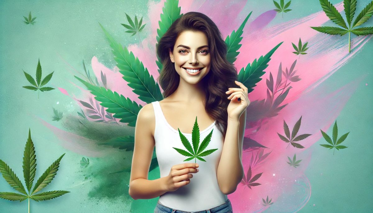 Kobieta zrelaksowana i szczęśliwa, trzymająca liść marihuany, na tle zielonych liści konopi i romantycznych odcieni różu i fioletu, symbolizująca badania nad wpływem marihuany na funkcje orgazmiczne u kobiet