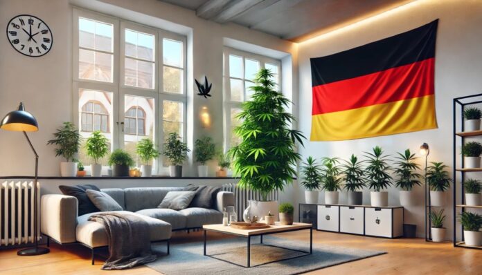 Nowoczesny niemiecki salon z dyskretnym zestawem do uprawy konopi, stylowo urządzony, z dużymi oknami, roślinami doniczkowymi, wygodnym miejscem do siedzenia oraz widoczną flagą Niemiec. Zdrowa roślina konopi symbolizuje normalizację i akceptację domowej uprawy konopi